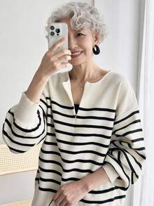 FRIFUL Women's Striped Casual Daily Wear Long Sleeve Sweater - Black and White - View 1