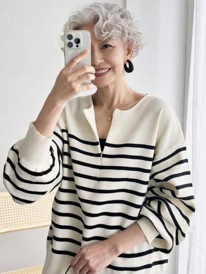 FRIFUL Women's Striped Casual Daily Wear Long Sleeve Sweater