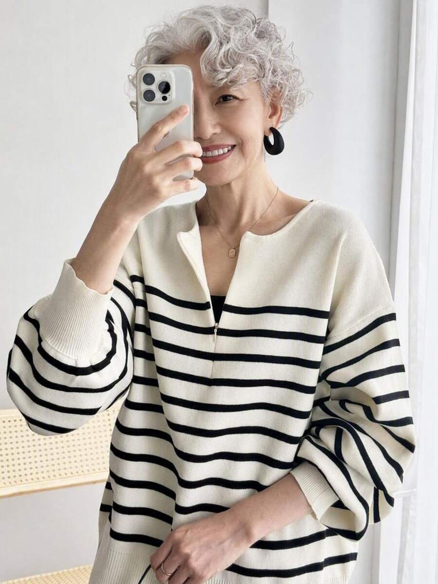 FRIFUL Women's Striped Casual Daily Wear Long Sleeve Sweater - Black and White - View 1