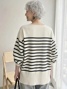 FRIFUL Women's Striped Casual Daily Wear Long Sleeve Sweater - Black and White - View 4