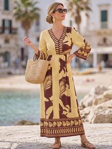 Hansera Women's Summer Vacation Leaf Print V-Neck Waist Cinched Dress - Multicolor - View 5