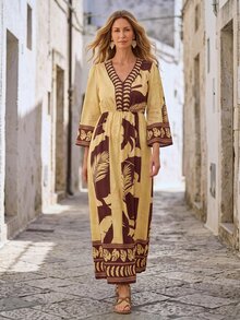 Hansera Women's Summer Vacation Leaf Print V-Neck Waist Cinched Dress - Multicolor - View 3