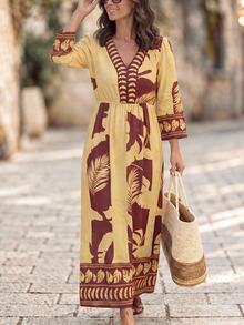 Hansera Women's Summer Vacation Leaf Print V-Neck Waist Cinched Dress - Multicolor - View 1