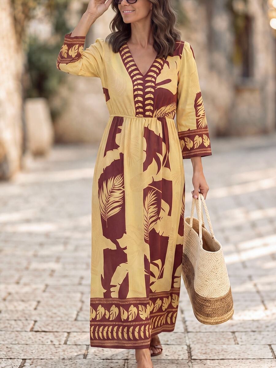 Hansera Women's Summer Vacation Leaf Print V-Neck Waist Cinched Dress - Multicolor - View 1