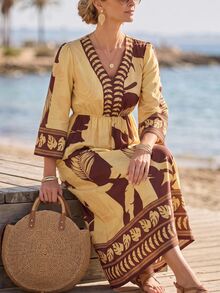 Hansera Women's Summer Vacation Leaf Print V-Neck Waist Cinched Dress - Multicolor - View 2