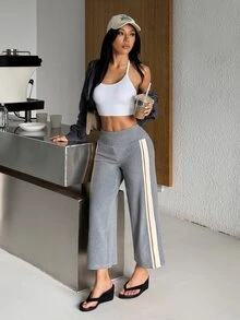 Muchica Women's Colorblock Webbing Sport Long Pants Breathable Stretch Gym Yoga Running Activewear Jogger Pants Gym Cream Summer Athletic Soft Low Waist - Grey - View 5