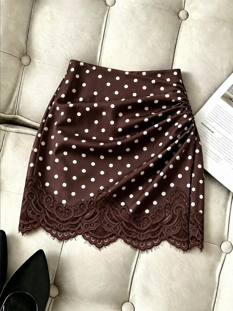SHEIN Franclia 女款豹紋撞色蕾絲荷葉邊迷你裙 - 棕色 - 查看 1