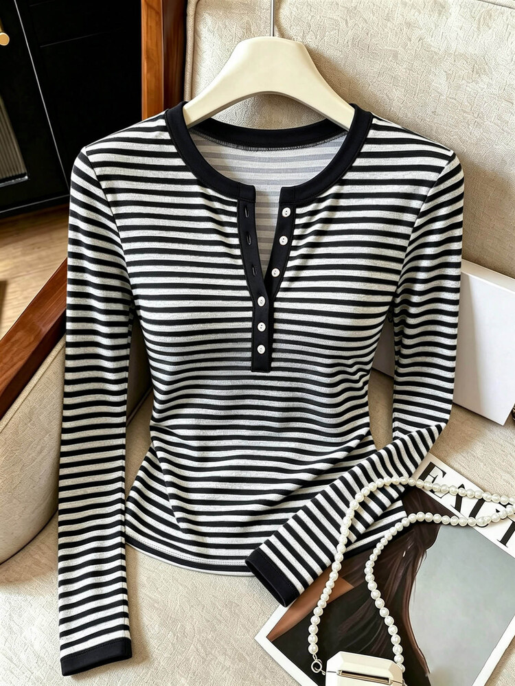 SHEIN Franclia Women's Striped Round Neck Long Sleeve ButtonT-Shirt, Suitable For Back To School Season, Teacher's Day, Fitted T-Shirt - Multicolor - View 4
