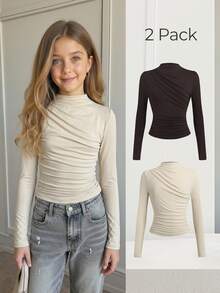 Kids Tween Girls Solid Color Elegant Casual Mock Neck Ruched Long Sleeve T-Shirt 2Pcs Set - Multicolor - View 13