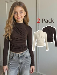 Kids Tween Girls Solid Color Elegant Casual Mock Neck Ruched Long Sleeve T-Shirt 2Pcs Set - Multicolor - View 1