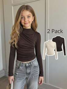 Kids Tween Girls Solid Color Elegant Casual Mock Neck Ruched Long Sleeve T-Shirt 2Pcs Set - Multicolor - View 14