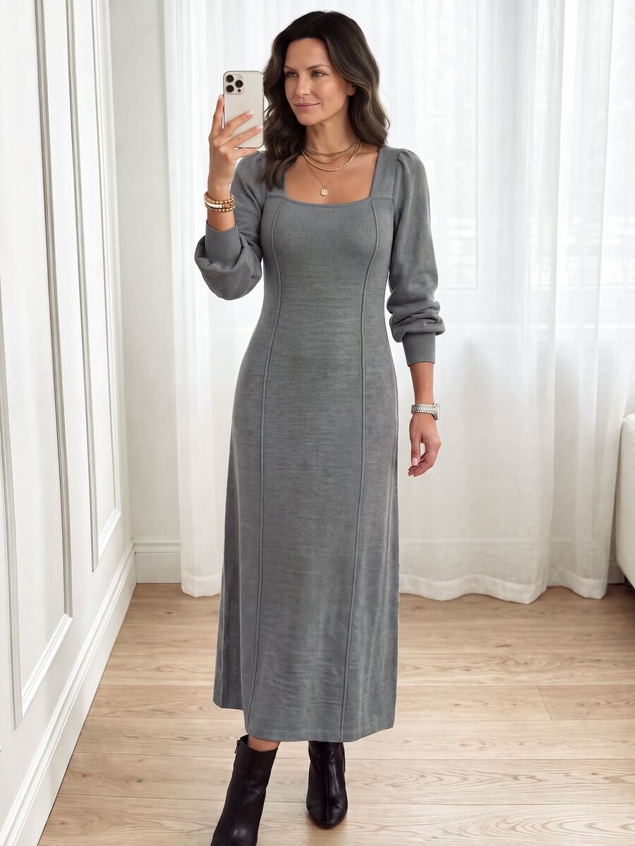 Hansera Women's Winter Sweater Dress, Grey Square Neck Long Sleeve Fashion Knit Dress - Grey - View 1