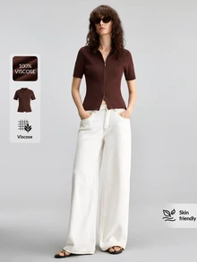 Ontre 2026SS 新款女款深咖啡棕 Polo 領雙頭隱形拉鍊短袖上衣，簡約優雅都市現代風，通勤教師外出適用，夏季度假休閒萬用，萬聖節婚禮賓客派對穿搭，舒適面料寬鬆版型時尚針織上衣 - 咖啡棕 - 查看 6