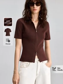 Ontre 2026SS 新款女款深咖啡棕 Polo 領雙頭隱形拉鍊短袖上衣，簡約優雅都市現代風，通勤教師外出適用，夏季度假休閒萬用，萬聖節婚禮賓客派對穿搭，舒適面料寬鬆版型時尚針織上衣 - 咖啡棕 - 查看 4