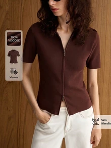 Ontre 2026SS 新款女款深咖啡棕 Polo 領雙頭隱形拉鍊短袖上衣，簡約優雅都市現代風，通勤教師外出適用，夏季度假休閒萬用，萬聖節婚禮賓客派對穿搭，舒適面料寬鬆版型時尚針織上衣 - 咖啡棕 - 查看 2