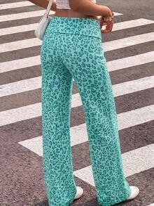 Muchica Celana Kasual Wanita Bermotif Leopard Hijau Gaya Vintage, Blok Warna, Garis-garis, Cocok untuk Harian di Musim Gugur - MultiWarna - View 2