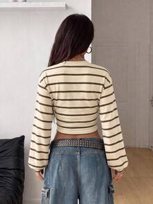 Coolane Sweatshirt Wanita Minimalis Kasual Bergaris Kuning & Cokelat, Cocok untuk Musim Gugur/Musim Dingin, Gaya Mahasiswa - Putih - View 2