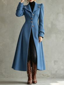 LUMIGAL Women's Wool Blend Long Coat With Large Lapel, Cinched Waist And Metal Button Decoration, Elegant Commuter Streetwear For Spring And Autumn - Blue - View 7