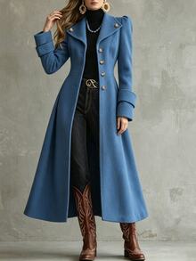 LUMIGAL Women's Wool Blend Long Coat With Large Lapel, Cinched Waist And Metal Button Decoration, Elegant Commuter Streetwear For Spring And Autumn - Blue - View 6