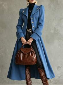 LUMIGAL Women's Wool Blend Long Coat With Large Lapel, Cinched Waist And Metal Button Decoration, Elegant Commuter Streetwear For Spring And Autumn - Blue - View 8