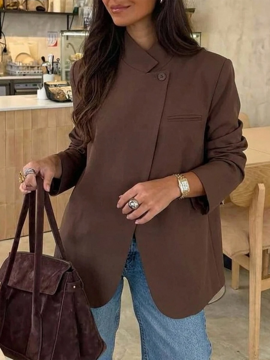 Aloruh Brown Decorative Pocket Minimalist Commuter Outing Stand Collar Oversize Long Sleeve Women's Blazer - Brown - View 1