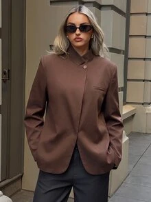 Aloruh Brown Decorative Pocket Minimalist Commuter Outing Stand Collar Oversize Long Sleeve Women's Blazer - Brown - View 5