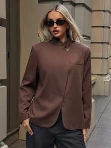 Aloruh Brown Decorative Pocket Minimalist Commuter Outing Stand Collar Oversize Long Sleeve Women's Blazer - Brown - View 8