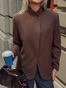 Aloruh Brown Decorative Pocket Minimalist Commuter Outing Stand Collar Oversize Long Sleeve Women's Blazer - Brown - View 4