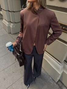 Aloruh Brown Decorative Pocket Minimalist Commuter Outing Stand Collar Oversize Long Sleeve Women's Blazer - Brown - View 9