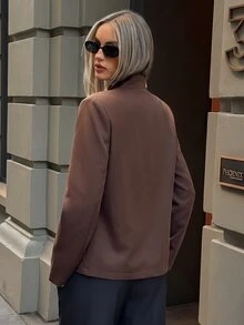 Aloruh Brown Decorative Pocket Minimalist Commuter Outing Stand Collar Oversize Long Sleeve Women's Blazer - Brown - View 7