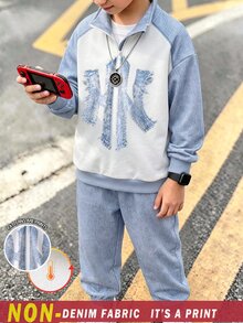 2件組青少年男孩休閒淺藍色字母印花長袖小立領抓絨內裡衛衣套裝，返校秋季穿搭冬季衣物 - 彩色 - 查看 1