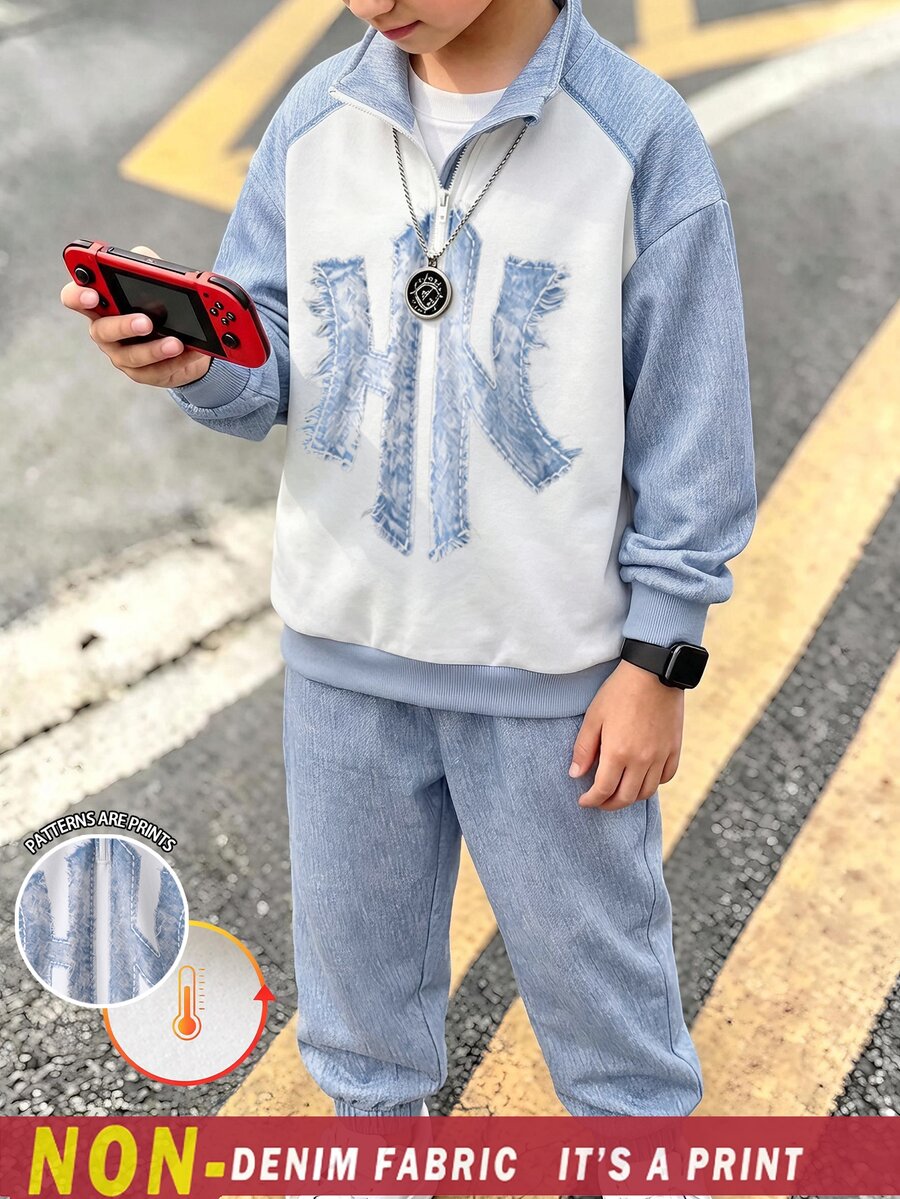 2件組青少年男孩休閒淺藍色字母印花長袖小立領抓絨內裡衛衣套裝,返校秋季穿搭冬季衣物 - 彩色 - 查看 1