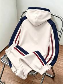 Daypath Men's 2-Piece Colorblock Tracksuit, Letter Graphic Drawstring Hoodie And Striped Jogger Pants Set For Casual Wear, Travel And Weekend Outings - Multicolor - View 2