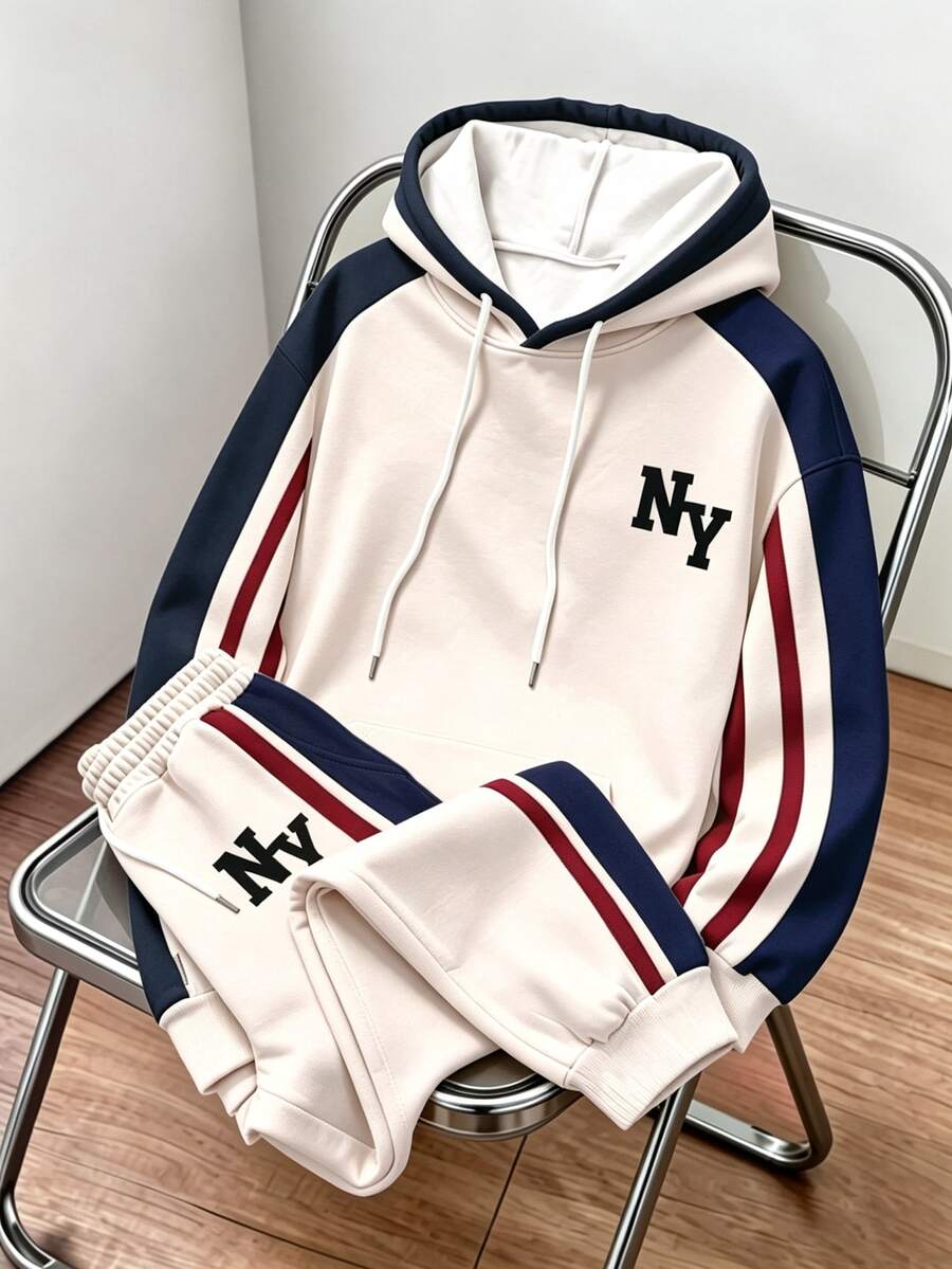 Daypath Men's 2-Piece Colorblock Tracksuit, Letter Graphic Drawstring Hoodie And Striped Jogger Pants Set For Casual Wear, Travel And Weekend Outings - Multicolor - View 1