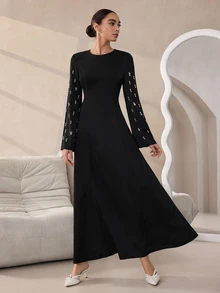 Graceveil Black Handmade Beaded Flared Long Sleeve Cinched Waist Dress - Black - View 6