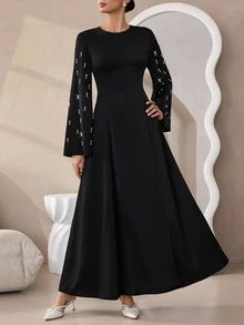 Graceveil Black Handmade Beaded Flared Long Sleeve Cinched Waist Dress - Black - View 4