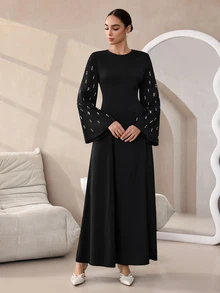 Graceveil Black Handmade Beaded Flared Long Sleeve Cinched Waist Dress - Black - View 9