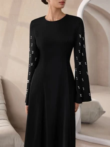 Graceveil Black Handmade Beaded Flared Long Sleeve Cinched Waist Dress - Black - View 3