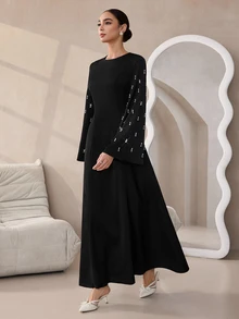 Graceveil Black Handmade Beaded Flared Long Sleeve Cinched Waist Dress - Black - View 7
