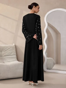 Graceveil Black Handmade Beaded Flared Long Sleeve Cinched Waist Dress - Black - View 8