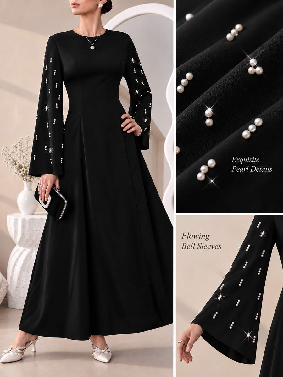 Graceveil Black Handmade Beaded Flared Long Sleeve Cinched Waist Dress