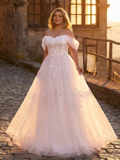 Aureia Plus Size Elegant Luxurious Beaded Embroidered Patchwork Mesh Off-Shoulder Puff Sleeve Applique Design Voluminous Oversized Skirt Suitable For Evening Party, Bachelorette Party, Date, Ball, Vacation, Wedding, Event, Evening Dress (Heavy Workmanship)