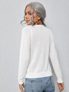 Easowa Women's Single-Breasted Fashion Minimalist Basic Casual Basic Long Sleeve Knit Thin Cardigan Office White Autumn - White - View 2