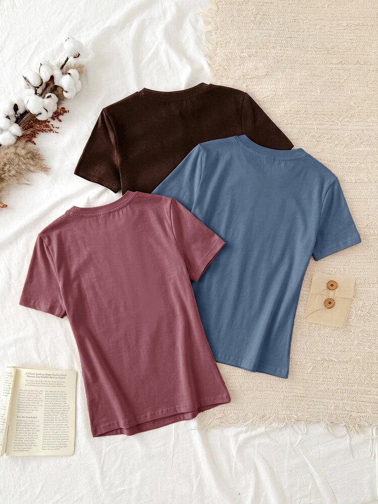 Tseoso 3pcs Casual Minimalist 95% Cotton Women's Crew Neck Fitted Longline Short Sleeve T-Shirt Set - Multicolor - View 2