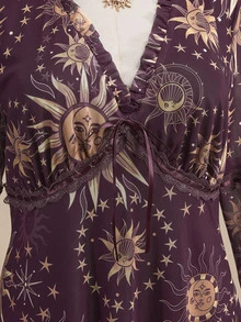 ROMWE Goth Plus Sun & Moon Print Flounce Sleeve Ruffle Hem Dress Without Corset - Purple - View 2