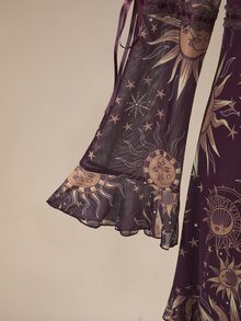 ROMWE Goth Plus Sun & Moon Print Flounce Sleeve Ruffle Hem Dress Without Corset - Purple - View 5