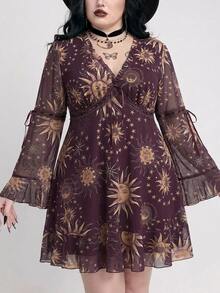 ROMWE Goth Plus Sun & Moon Print Flounce Sleeve Ruffle Hem Dress Without Corset - Purple - View 3