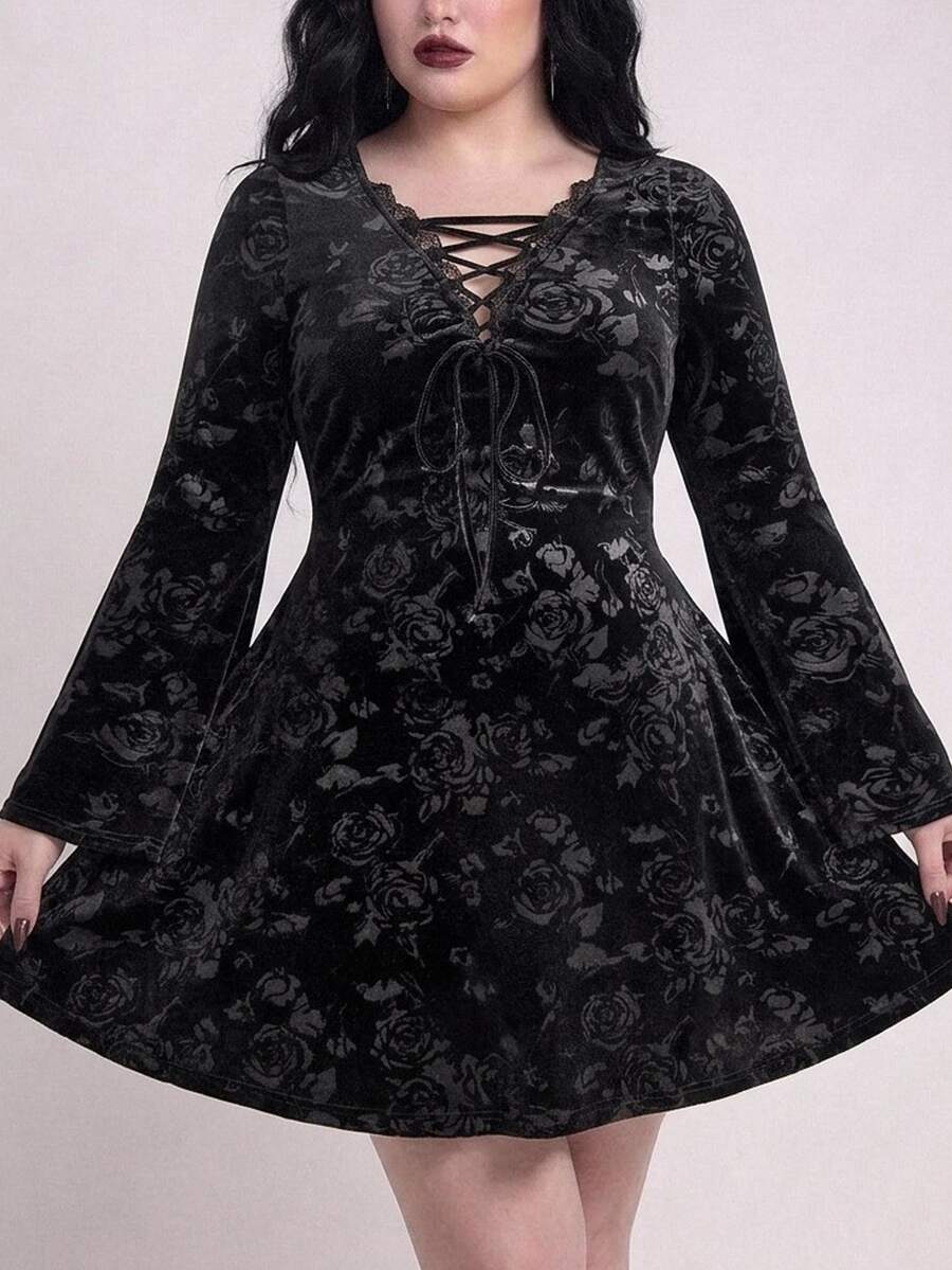 ROMWE Goth Vintage Rose Dark Pattern Velvet Versatile Bell Sleeve Cinched Cinched Waist Drawstring V-Neck Plus Size Dress - Black - View 1
