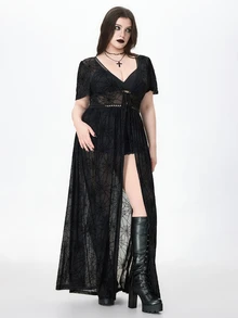 ROMWE Goth 度假海灘深色哥德風透視蜘蛛網前開襟大尺碼襯衫 - 黑色 - 查看 4
