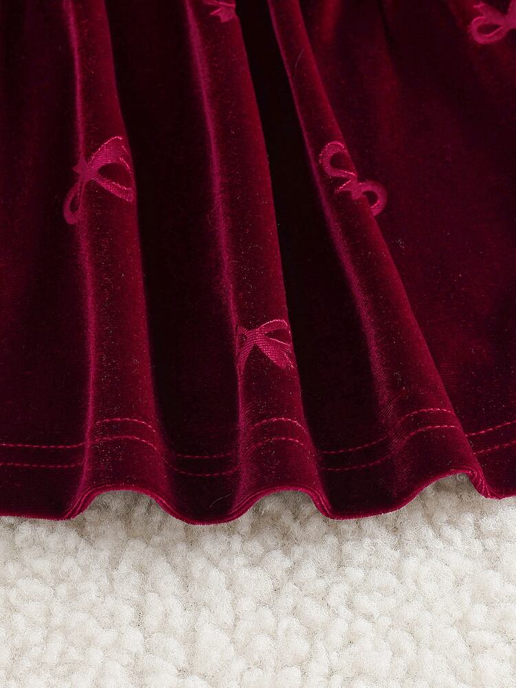 SHEIN Baby Girls Velvet Dress Sweet Burgundy Pink Bow Print Cutout Back Long Sleeve Round Neck Regular Wedding Party Fall Winter Holiday Pleated - Burgundy - View 8